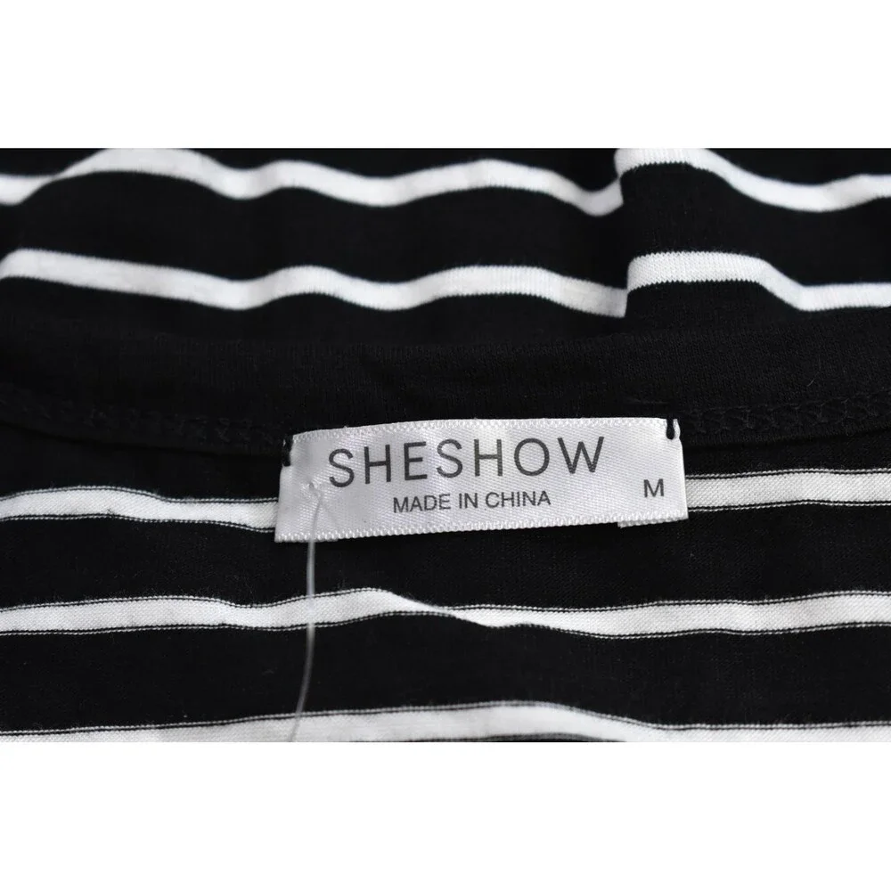 sheshow Womens Black White Striped Short Sleeve Button Up Long Pajama Shirt M - Picture 5 of 7